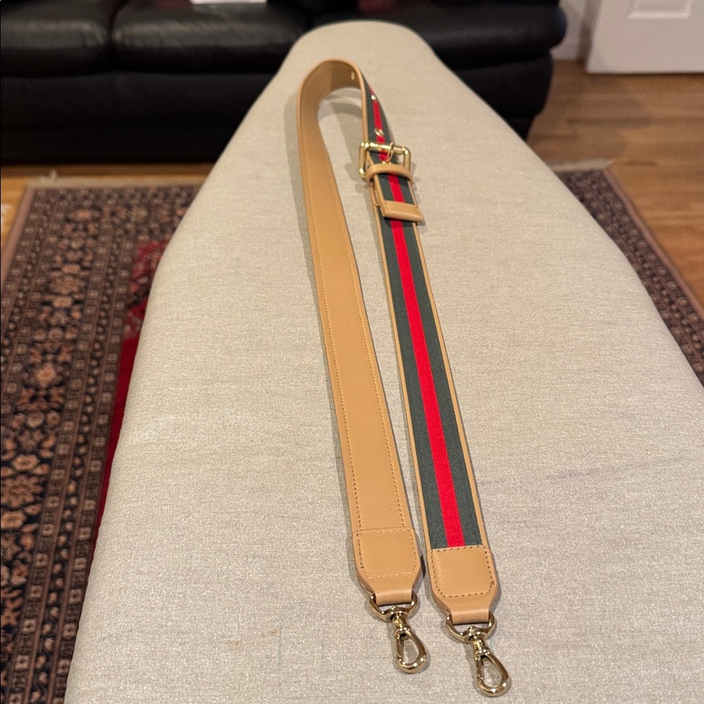 Bandolier Tan Leather Strap with Red and Dark Green Stripe